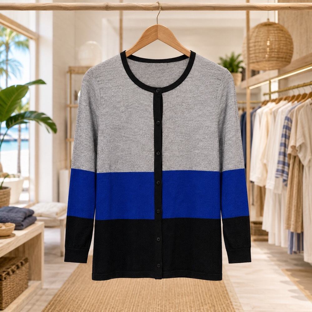 Cable & Gauge Colorblock Cardigan Gray Cobalt Blue Black Button Front Knit NWT M